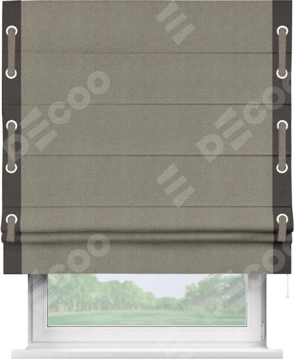 Римская штора «Кортин» с кантом Стрим Дуо (люверсы с пояском), для проема, ткань лён димаут, серо-зелёный