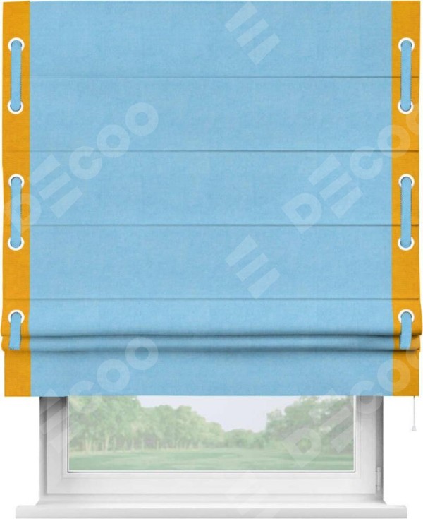 Римская штора «Кортин» с кантом Стрим Дуо (люверсы с пояском), для проема, ткань вельвет голубой