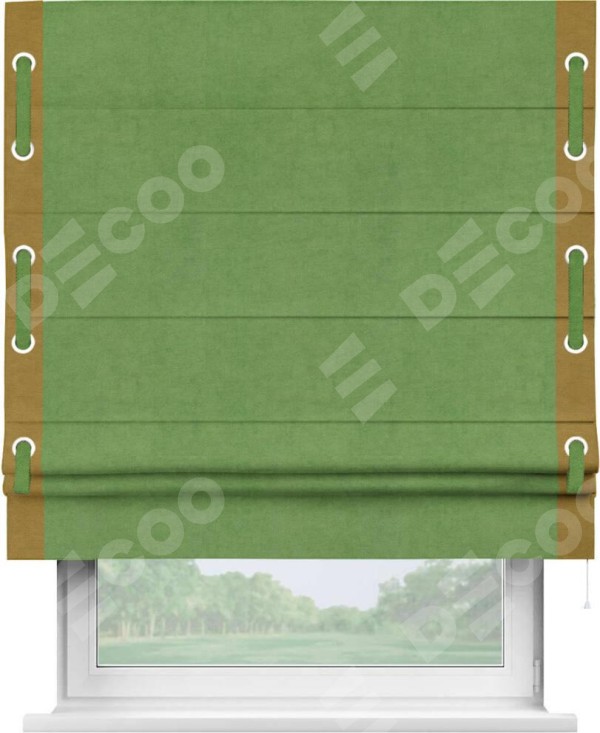 Римская штора «Кортин» с кантом Стрим Дуо (люверсы с пояском), для проема, ткань вельвет салатовый