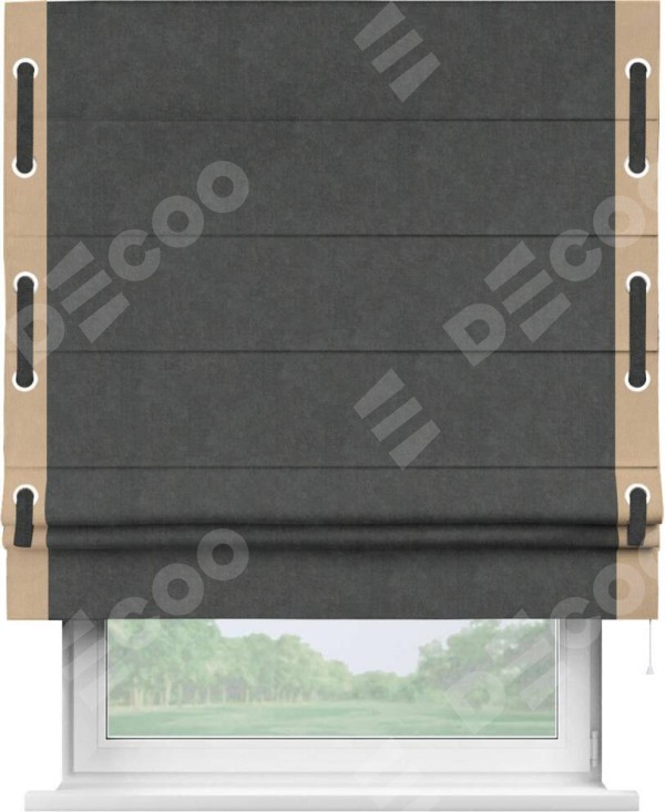 Римская штора «Кортин» с кантом Стрим Дуо (люверсы с пояском), для проема, ткань вельвет цвет тёмно-серый