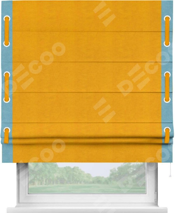 Римская штора «Кортин» с кантом Стрим Дуо (люверсы с пояском), для проема, ткань вельвет желтый