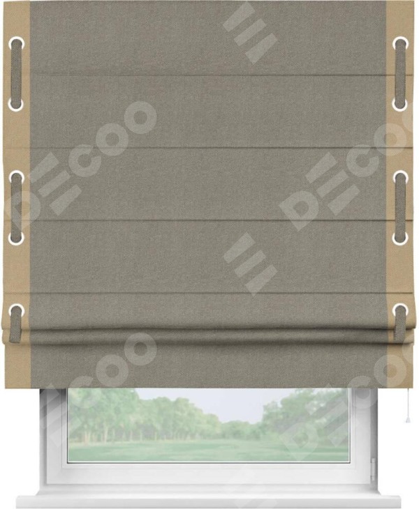 Римская штора «Кортин» с кантом Стрим Дуо (люверсы с пояском), для проема, ткань лён димаут, серо-зелёный