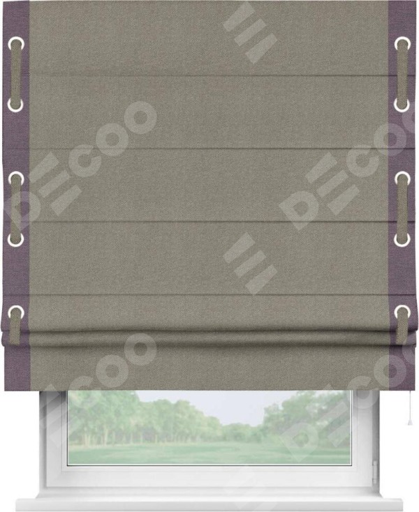 Римская штора «Кортин» с кантом Стрим Дуо (люверсы с пояском), для проема, ткань лён димаут, серо-зелёный