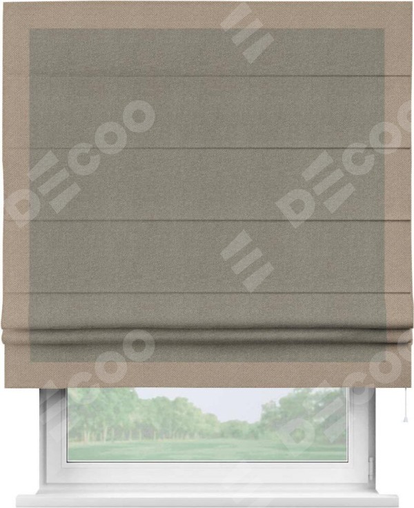 Римская штора «Кортин» с кантом Чесс, для проема, ткань лён димаут, серо-зелёный