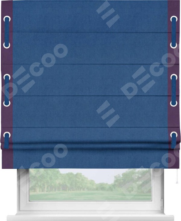 Римская штора «Кортин» с кантом Стрим Дуо (люверсы с пояском), для проема, ткань вельвет синий
