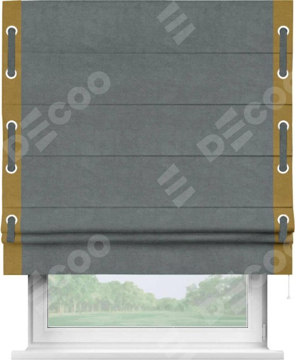 Римская штора «Кортин» с кантом Стрим Дуо (люверсы с пояском), для проема, ткань вельвет серый