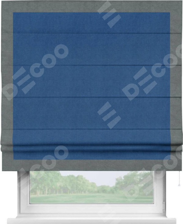 Римская штора «Кортин» с кантом Чесс, для проема, ткань вельвет синий