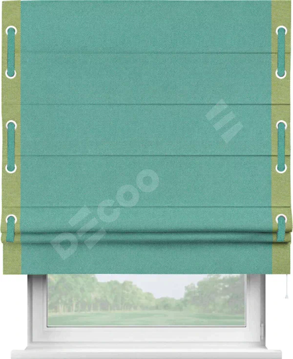 Римская штора «Кортин» с кантом Стрим Дуо (люверсы с пояском), для проема, ткань лён димаут, бирюзовый
