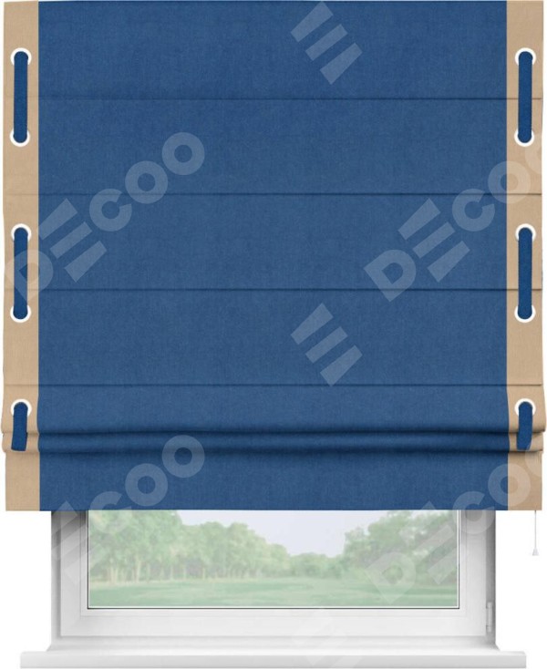 Римская штора «Кортин» с кантом Стрим Дуо (люверсы с пояском), для проема, ткань вельвет синий