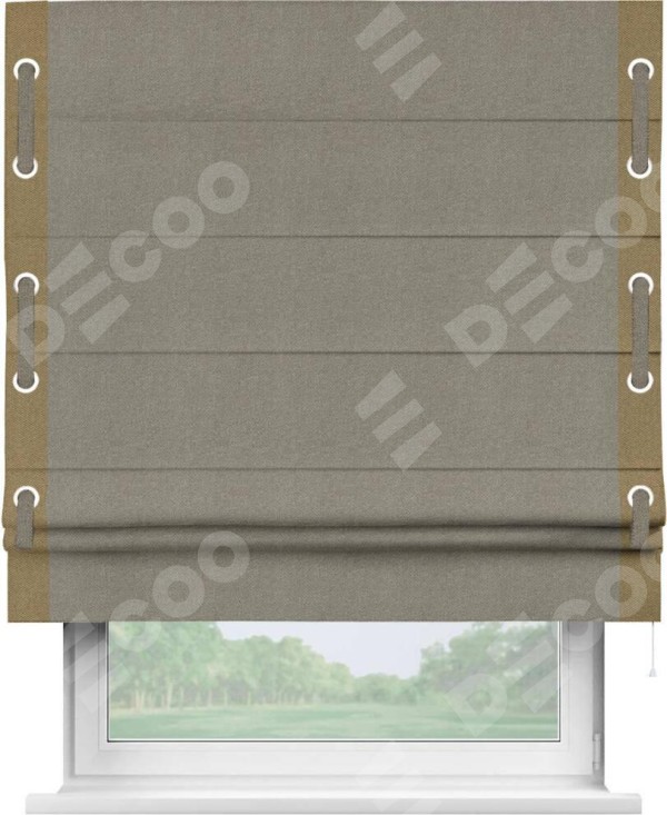 Римская штора «Кортин» с кантом Стрим Дуо (люверсы с пояском), для проема, ткань лён димаут, серо-зелёный