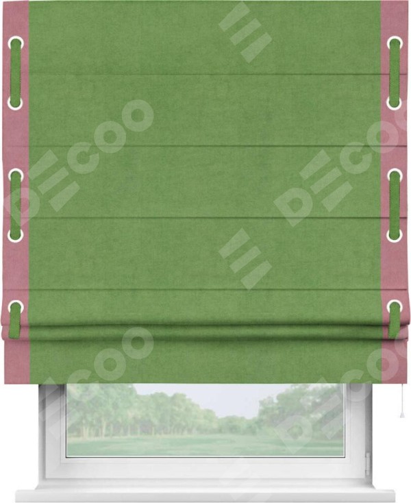 Римская штора «Кортин» с кантом Стрим Дуо (люверсы с пояском), для проема, ткань вельвет салатовый