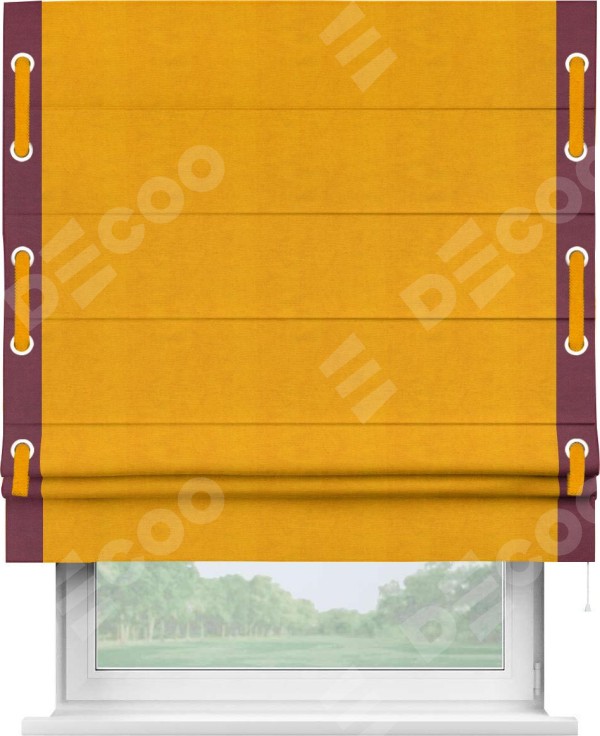 Римская штора «Кортин» с кантом Стрим Дуо (люверсы с пояском), для проема, ткань вельвет желтый