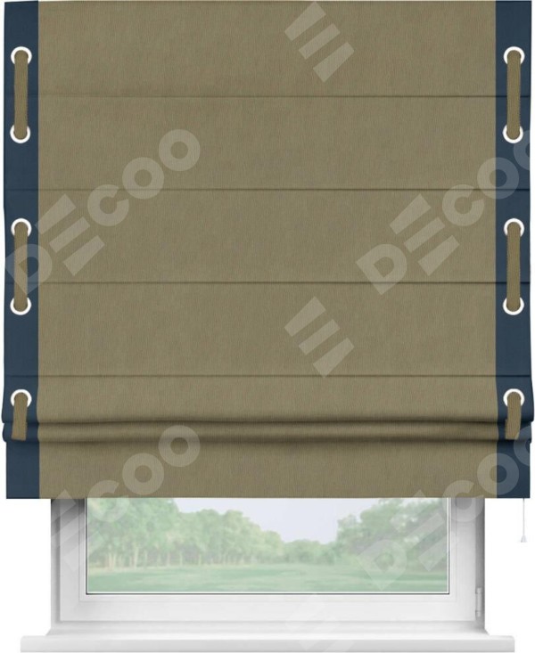 Римская штора «Кортин» с кантом Стрим Дуо (люверсы с пояском), для проема, ткань блэкаут однотонный бежево-золотой