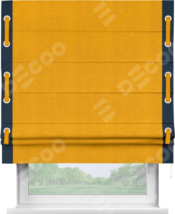 Римская штора «Кортин» с кантом Стрим Дуо (люверсы с пояском), для проема, ткань вельвет желтый