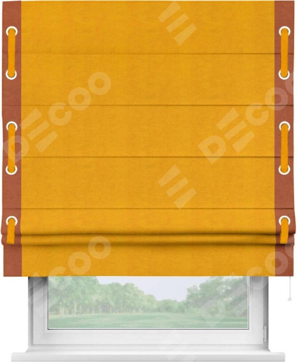 Римская штора «Кортин» с кантом Стрим Дуо (люверсы с пояском), для проема, ткань вельвет желтый
