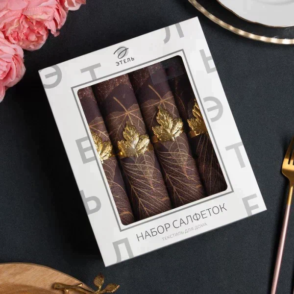 Набор салфеток с декорат. кольцами "Gold Leaf" 46х46см - 4 шт, 100% хл, саржа 190гр/м2