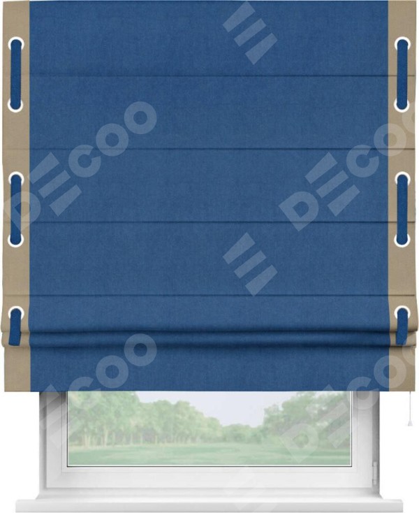 Римская штора «Кортин» с кантом Стрим Дуо (люверсы с пояском), для проема, ткань вельвет синий