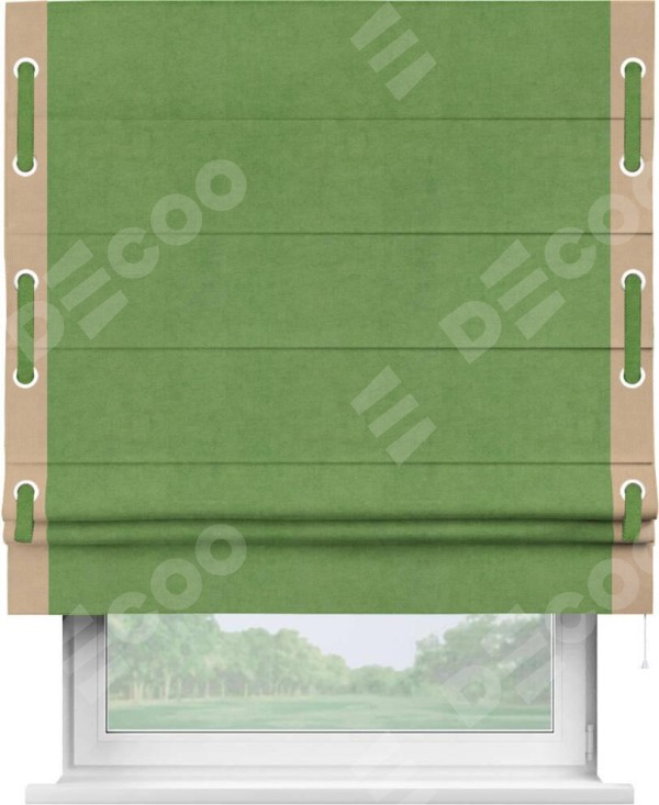 Римская штора «Кортин» с кантом Стрим Дуо (люверсы с пояском), для проема, ткань вельвет салатовый