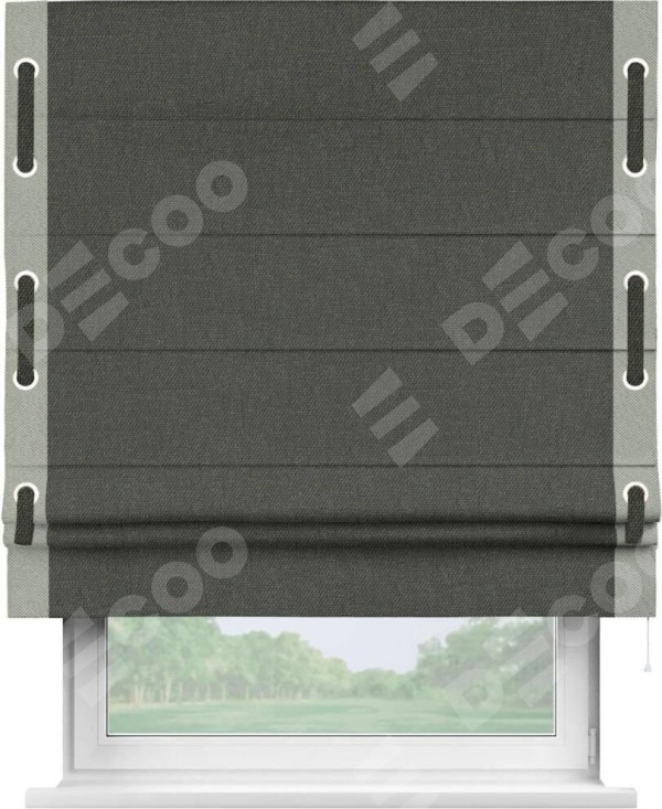 Римская штора «Кортин» с кантом Стрим Дуо (люверсы с пояском), для проема, ткань лён димаут, графитово-серый